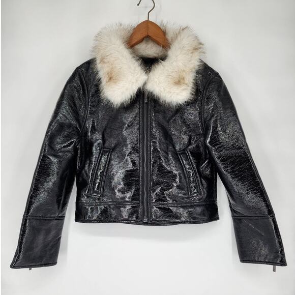 Unreal Fur Black Wet Look Aviator Jacket Faux Leather & Fur Collar Women’s M - Picture 2 of 8